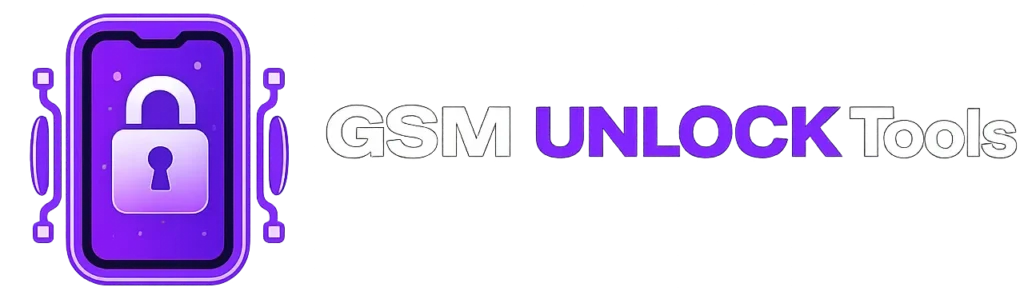 GSM Unlock Tools logo featuring a purple smartphone with a padlock icon and modern GSM Unlock Tools branding.