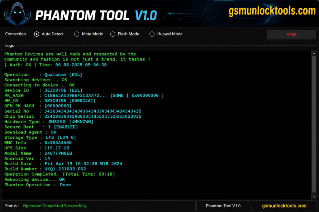 Phantom Tool V1.0 Qualcomm EDL device servicing interface
