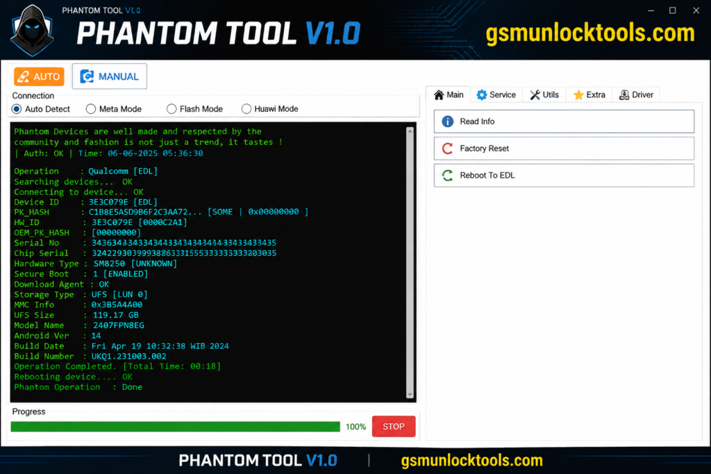 Phantom Tool V1.0 download software interface with EDL and service options