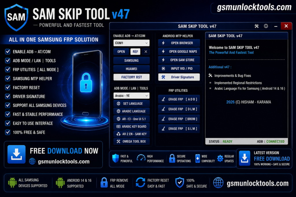 Sam Skip Tool v47 free download interface for Samsung FRP solutions