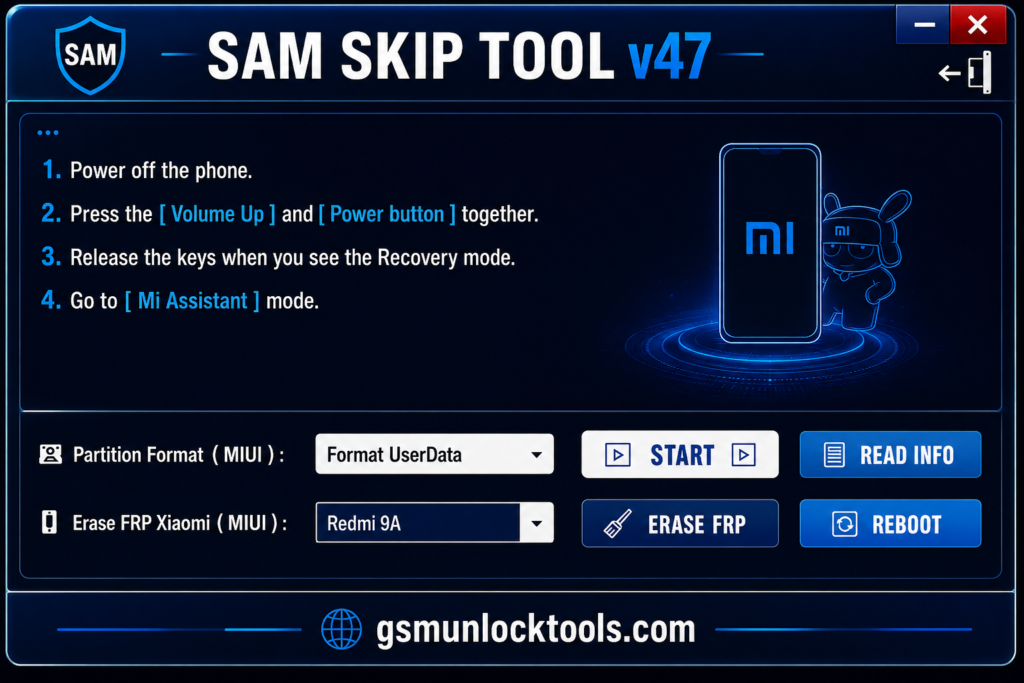 Sam Skip Tool v47 Xiaomi FRP and recovery mode interface