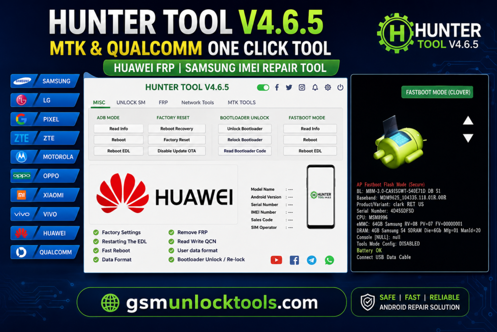 Hunter Tool V4.6.5 MTK Qualcomm Huawei FRP Samsung IMEI repair