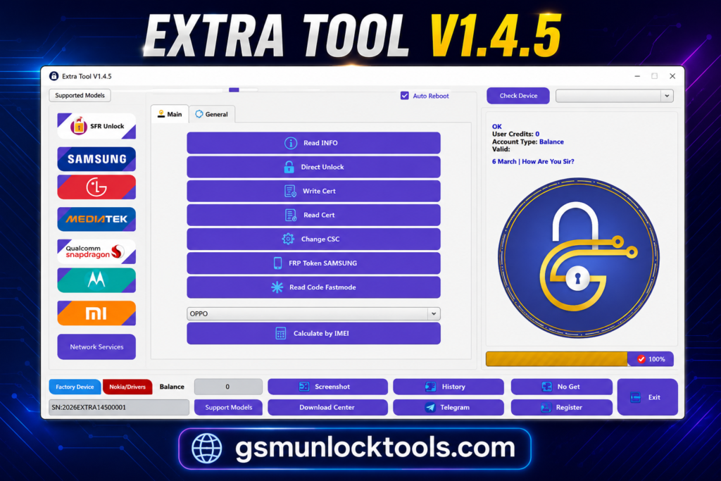 Extra Tool V1.4.5 Windows interface with FRP and unlock features