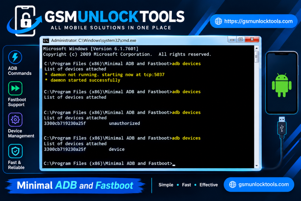 Minimal ADB and Fastboot setup by GSM Unlock Tools