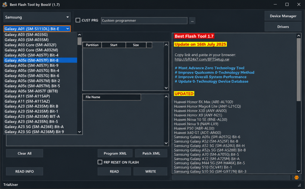 BFT Tool v1.8 by BossV software interface for Android flashing, FRP unlock, IMEI repair, firmware installation, and mobile phone servicing.