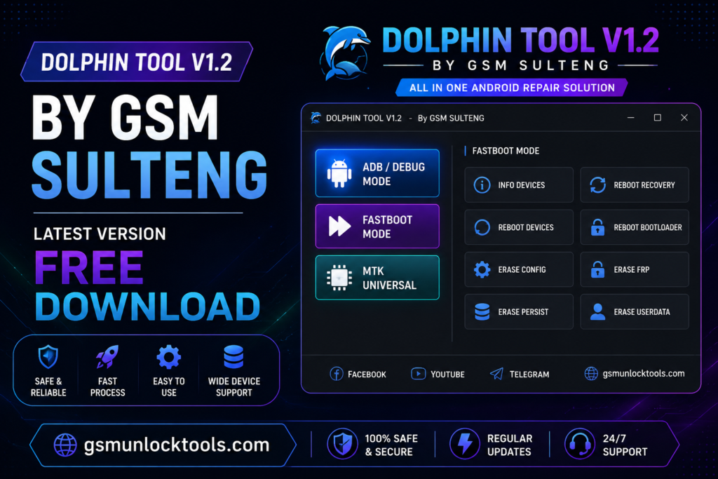 Dolphin Tool V1.2 by GSM Sulteng latest version free download for Windows with ADB, Fastboot, and MTK support