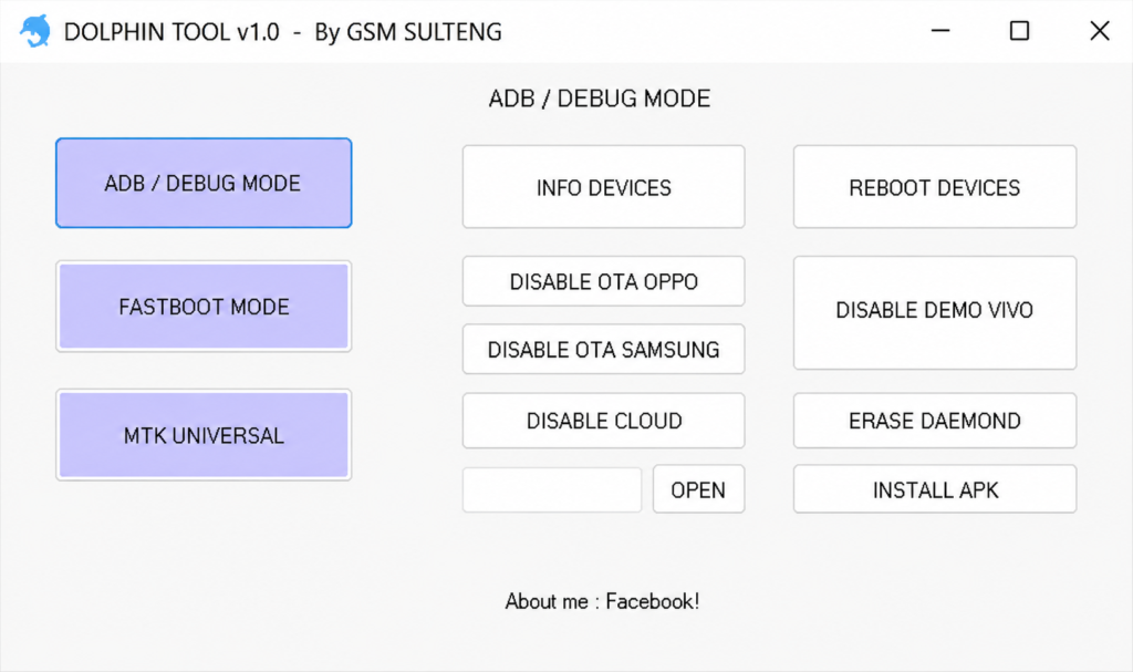 Dolphin Tool V1.2 ADB Debug Mode interface showing device info, OTA disable, APK install, and MTK tools