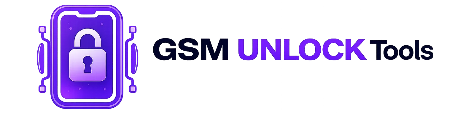 GSM Unlock Tools logo featuring a purple smartphone with a padlock icon and modern GSM Unlock Tools branding.
